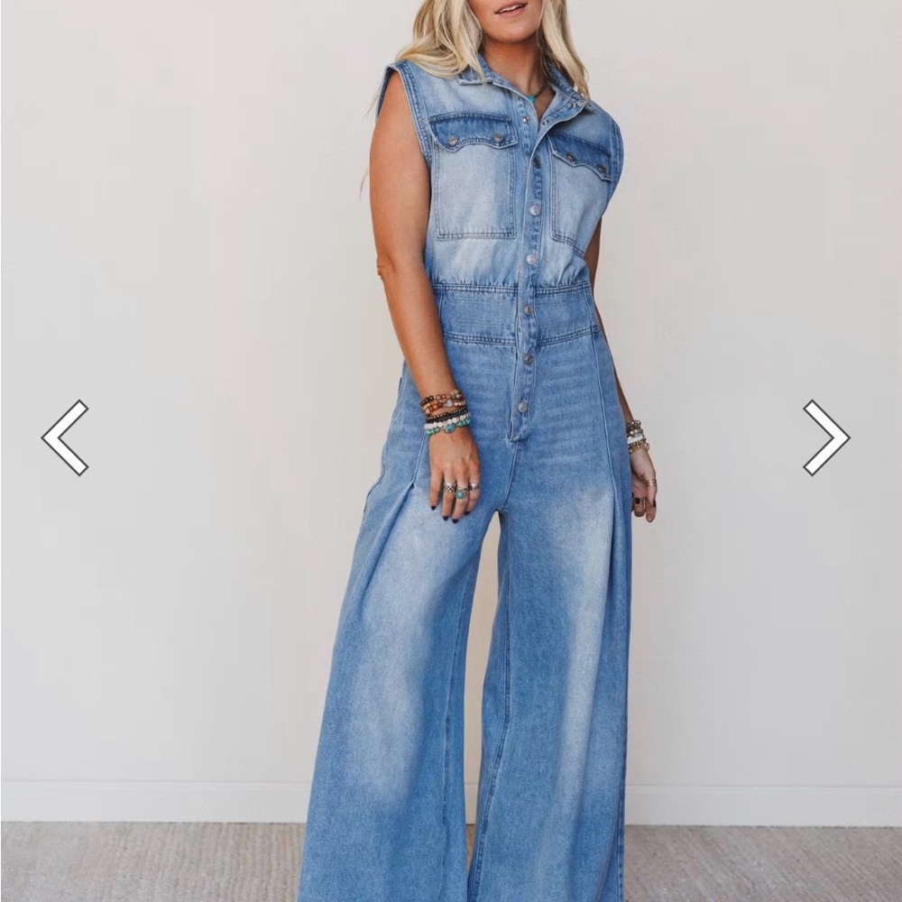 BUCKETLIST Light Blue Washed Denim Sleeveless Wide-Leg Jumpsuit